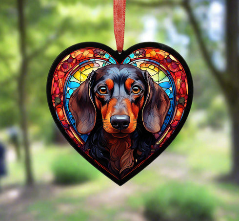 Dachshund Black Stained Glass Effect Heart Suncatcher